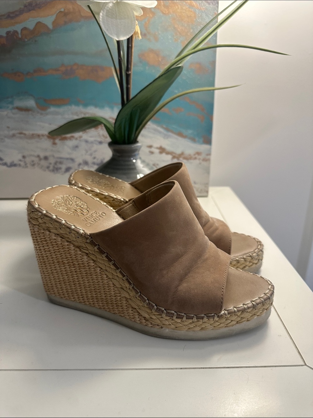 Vince Camuto Brissia Taupe Suede Espadrille Wedge Mule
